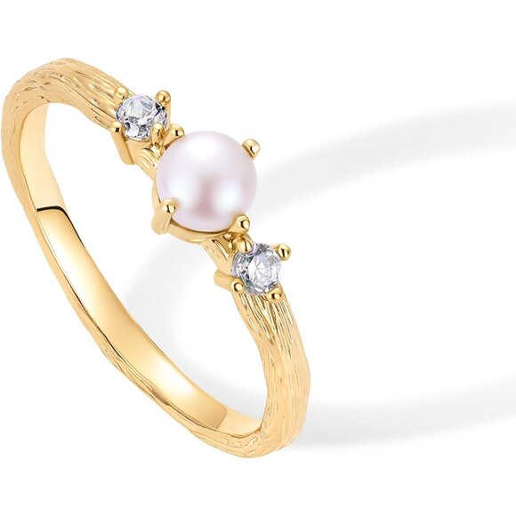 Women Dainty Elegant Cubic Zirconia 14K Gold Plated Pearl Hammered Ring - Picture 5 of 6